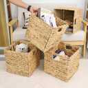 10.5'' Foldable Large Cube Water Hyacinth Wicker Storage Baskets with Handles and Built-in Metal Frame, 4 Pcs Stylish and Durable Hand Woven Bin Perfect for Shelves and Living Room Organizing