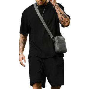Yimoon Men's 2 Piece Outfits Oversized Short Sleeve T Shirt & Shorts Set Summer Casual Tracksuit (Black, L)