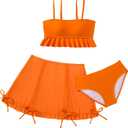 Girls 3 Piece Bathing Suit Set, Ruffle Cami Tankini Top with Swim Skirt and Bikini Bottom, Girls Swimwear for Beach,Ages 13-16 (Orange)