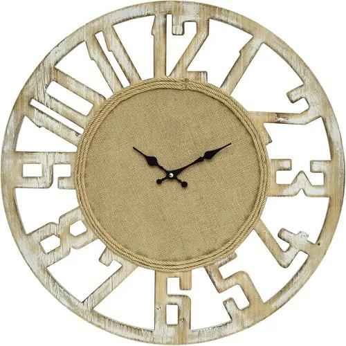 24 Inch Wooden Farmhouse Wall Clock Battery Operated, Silent Large with Rope Accents Rustic Home Decor Non-Ticking Quartz Movement Easy to Read Clock for Living Room, Kitchen, or Bedroom