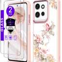 for Motorola G 5G 2025 Case+Tempered Glass Screen Protector, Military Grade Protective Slim Soft TPU+Hard PC,Girls Women Crystal Clear Flower Pattern Case Cover for Moto G 5G 2025 (Ranunculus)