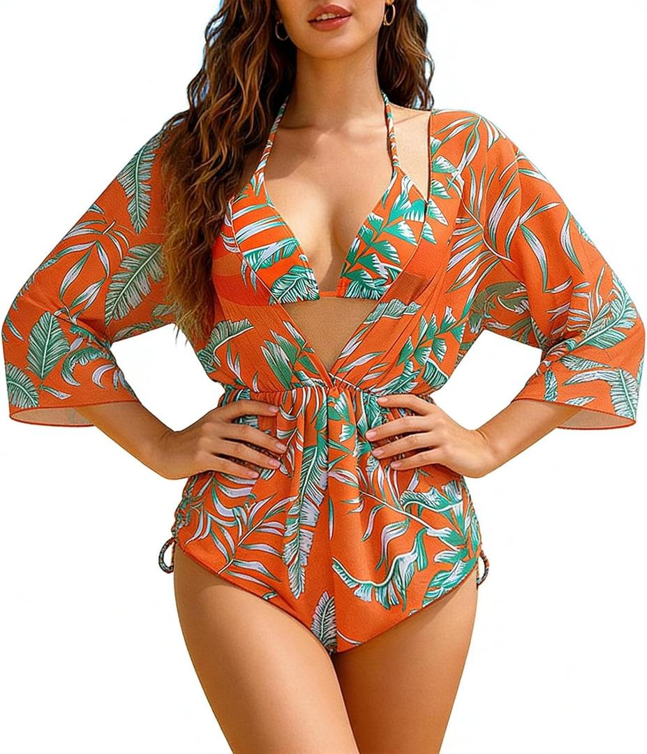 Bolsamila Three Piece Swimsuit for Women Tropical Swimwear Halter Triangle Floral Print Halter Bikini Set Bathing Suit Summer Beach Orange, Large