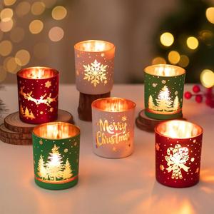 Hewory Christmas Votive Candle Holders: Christmas Tea Light Candle Holder Set of 6, Cylinder Glass Candle Holders Centerpiece Christmas Decorations Indoor Home Decor for Table Fireplace Holiday Party