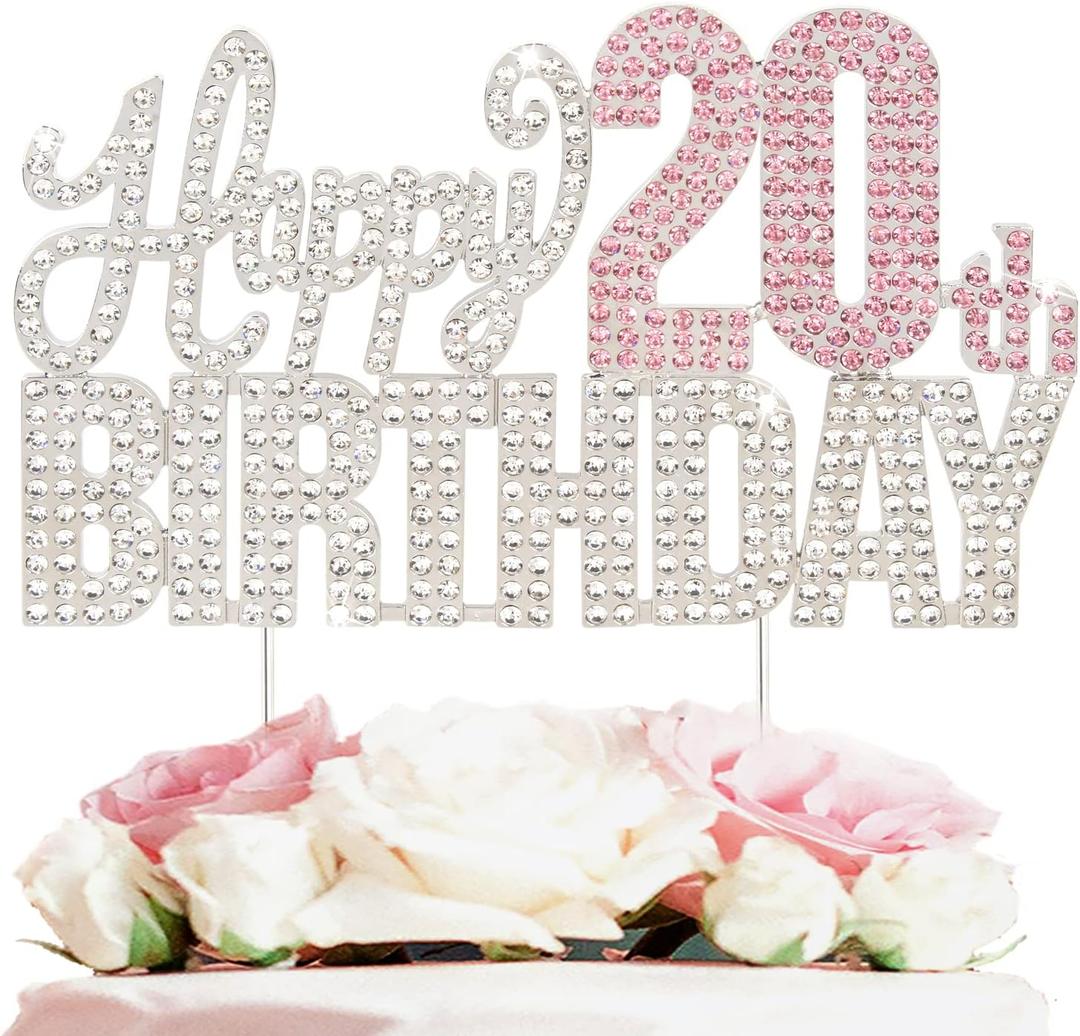 Happy 20th Birthday Silver & Pink Rhinestone Cake Topper - Cheers to 20 Years Old Twenty Bday Metal Sparkly Cake Centerpieces Topper Decorations Sign. Happy 20th Birthday Silver & Pink Rhinestone Cake Topper - Cheers to 20 Years Old Twenty Bday Metal Sparkly Cake Centerpieces Topper Decorations Sign.