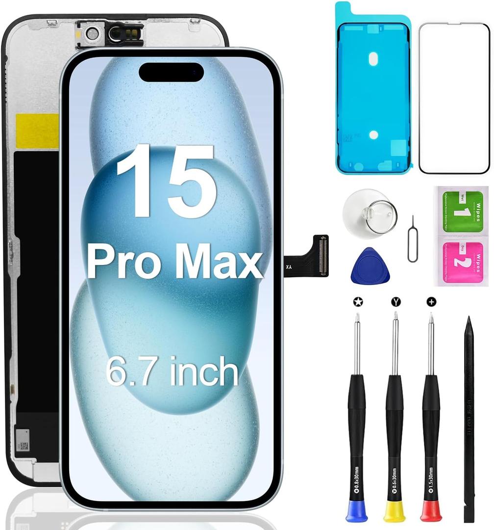 Screen Replacement for iPhone 15 Pro Max 6.7 inch, LCD Display Touch Screen Digitizer Assembly with Repair Tools Set, Compatible with Model A2849 A3105 A3106 A3108