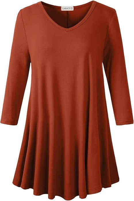 LARACE Tunics 3/4 Sleeve Plus Size Tops for Women V Neck Loose Fit Flowy Clothing for Leggings color: Wine Red, size: 1X