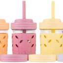 Elk and Friends Kids + Toddler Glass Cups | The Original 8oz Glass Mason Jar with Sleeves + Lids | Silicone Straws + Stopper | Smoothie Cup | Food Storage | Spill Resistant | Dishwasher Safe | 4 Pack (Blush/Lilac/Peach/Lemon)