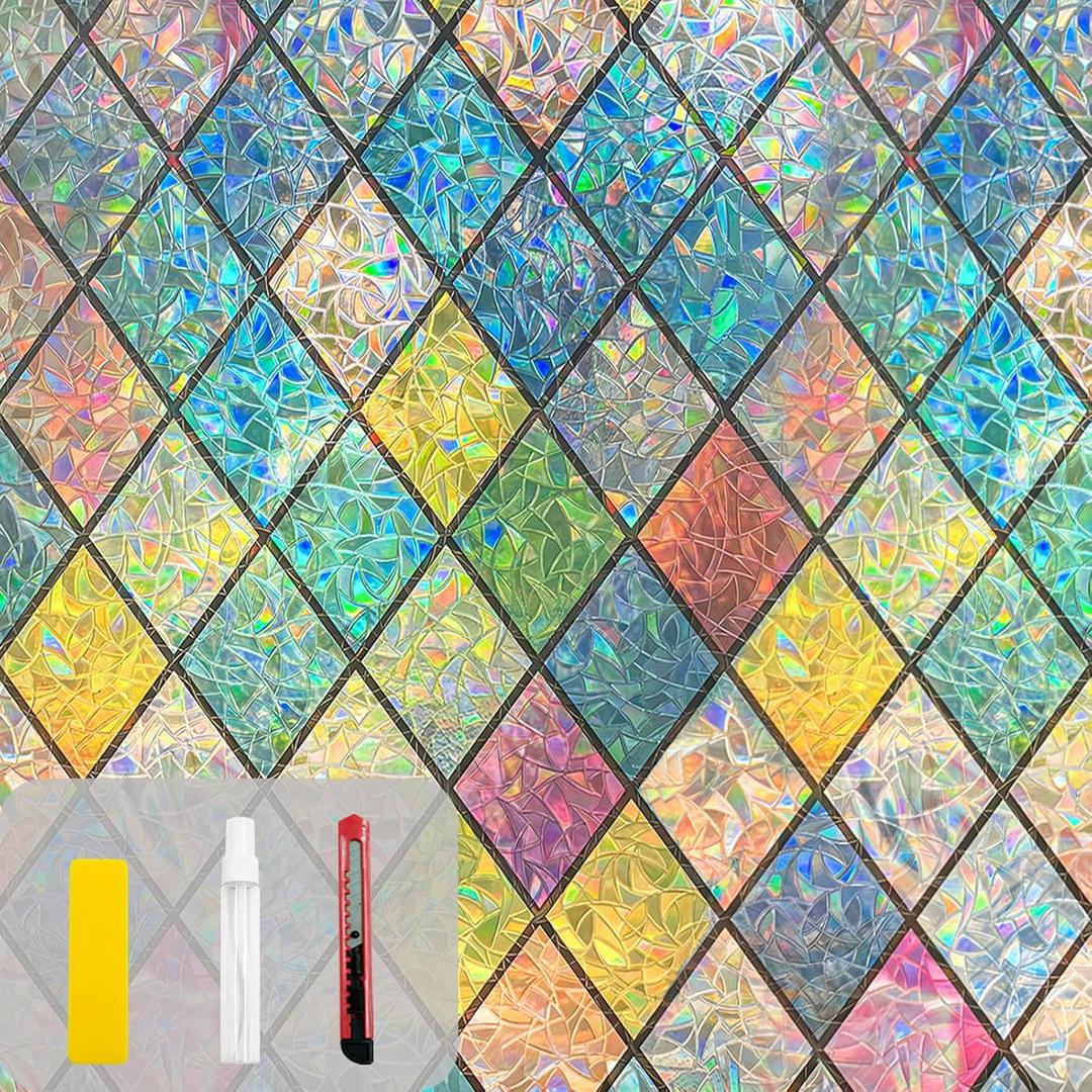 Rainbow Privacy Window Film Stained Glass Window Film That is Adhesive-Free, Residue-Free, Reusable, and Easy to Install with Tools. (Rainbow, 35.4 X 157.4 in)