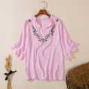 Womens Summer Tops 3 4 Sleeve Women Blouses Casual Boho Top Spring Floral Short Sleeve Shirts Vacation (Pink, S)