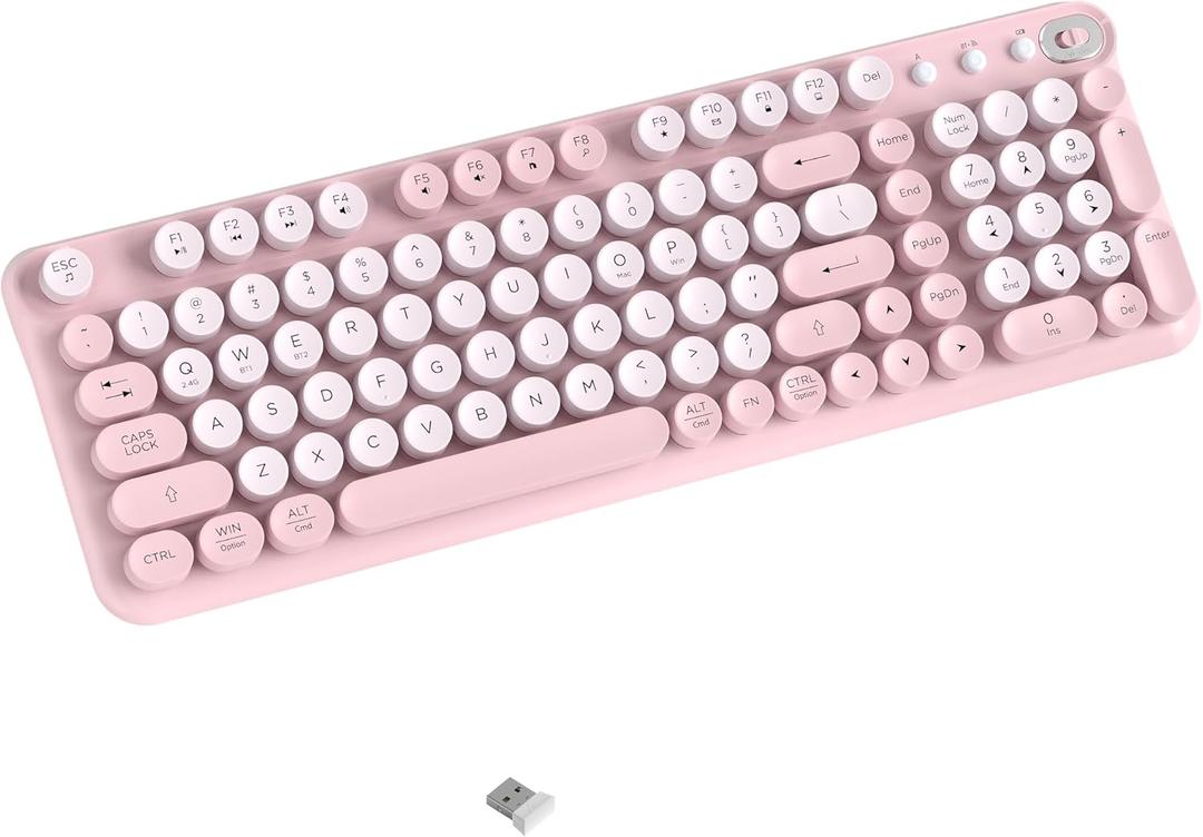 Wireless Bluetooth Keyboard - Full Size Retro Round Typewriter Style Wireless Keyboard with 2.4GHz & Bluetooth Dual-Mode Compatibility for PC, Laptop, Windows, Mac, and More (Pink)
