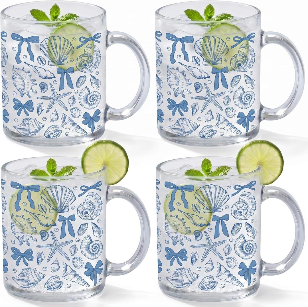 Tioncy 4 Pcs Summer Ocean Coffee Mugs 12 oz Blue Bow Seashell Glass Cups with Handle Costal Beach Coffee Mugs Marine Sea Gifts Drinking Containers for Bachelorette Holiday Party