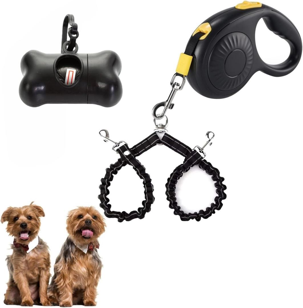 Double Dog Leash for Walking 2 Small Dogs (Up to 33 Lbs Each), Dual Retractable 9.8ft Extendable Strong Nylon Tape Pet Leash with Poop Bags, One-Handed Brake, Pause, Lock (Black)
