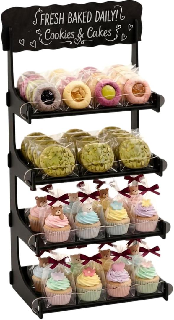 HOTCAN Cookie Display Stand for Bakers & Vendors with Acrylic Front | Wooden Dessert Stand with Chalkboard Sign for Market Booths, Craft Fairs & Events | 4 Tiered Cookie Display for Cupcakes, Muffins & Pastries (Black)