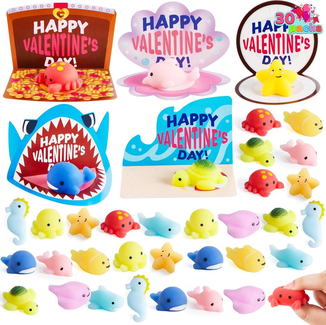 JOYIN 30 Packs Valentines Day Gift Cards with Mochi Squishy Toys, Stress Relief Fidget Toys, Kawaii Mochi Squeezes for Kids Holiday Party Favor, Gift Goodie Bag Filler, Classroom Exchange Prizes