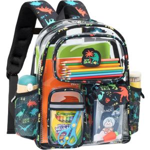 Clear Backpack for Boys - 15 Inch Heavy Duty Kids Backpacks for School, Clear Transparent Bookbag with 3 Front Pockets for Kids Aged 3 to 8, Black Dinosaur