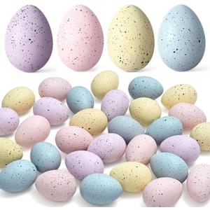 Waipfaru 32 Pcs Easter Eggs, Plastic Easter Decorations, Speckled Easter Table Decor, Easter Centerpiece Table Decorations for Indoor Outdoor Home Vase Filler Basket Spring Party DIY(Pastel Colors) (Blue, Yellow, Purple, Pink)