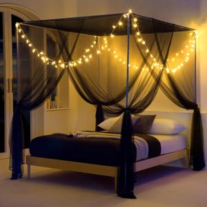 Twinkle Star 4 Corner Mosquito Net Black Canopy with 100 LED Star String Lights Battery Operated, Bed Curtains for Full/Queen/King Size Bed Halloween Decoration