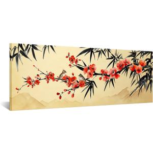 Large Bamboo Plum Blossoms Chinese Traditional Wall Art with Birds, 48"L x 20"W