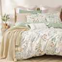 ALEISSEL Natural Cotton 3pcs Botanical Comforter Sets Queen Size-Green Comforter with Red & Blue Flowers,Gray Leaves on Off-White, Reversible Lightweight Bedding Sets(Full/Queen)