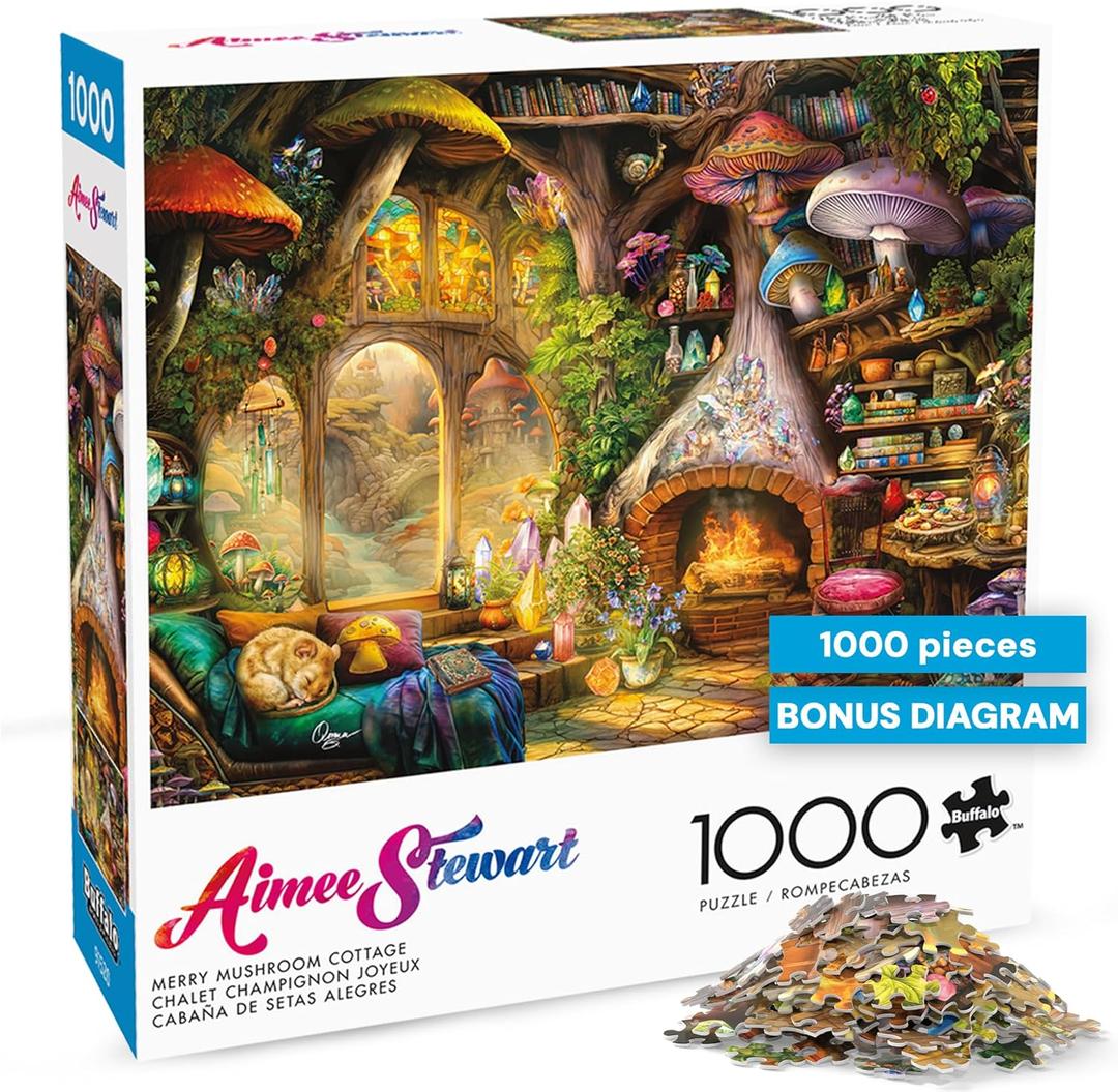 Buffalo Games  Aimee Stewart Merry Mushroom Cottage 1000 Piece Jigsaw Puzzle for Adults, Whimsical Fantasy Scene, Made in USA