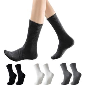 GLENMEARL Pilates Socks with Grips for Women, 3/6 Pairs Yoga Non Slip Long Socks, Grip Sock for Pilates, Dance Workout (7-9, 3 Pack Solid Colours (Black,white,grey))