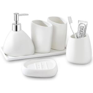 Ceramic Bathroom Accessory Set with Ceramic Tray, 6 Pieces Bathroom Countertop Accessory Set, Include Soap Dispenser, Toothbrush Holder, 2 Tumbler, Soap Dish, Vanity Tray, White
