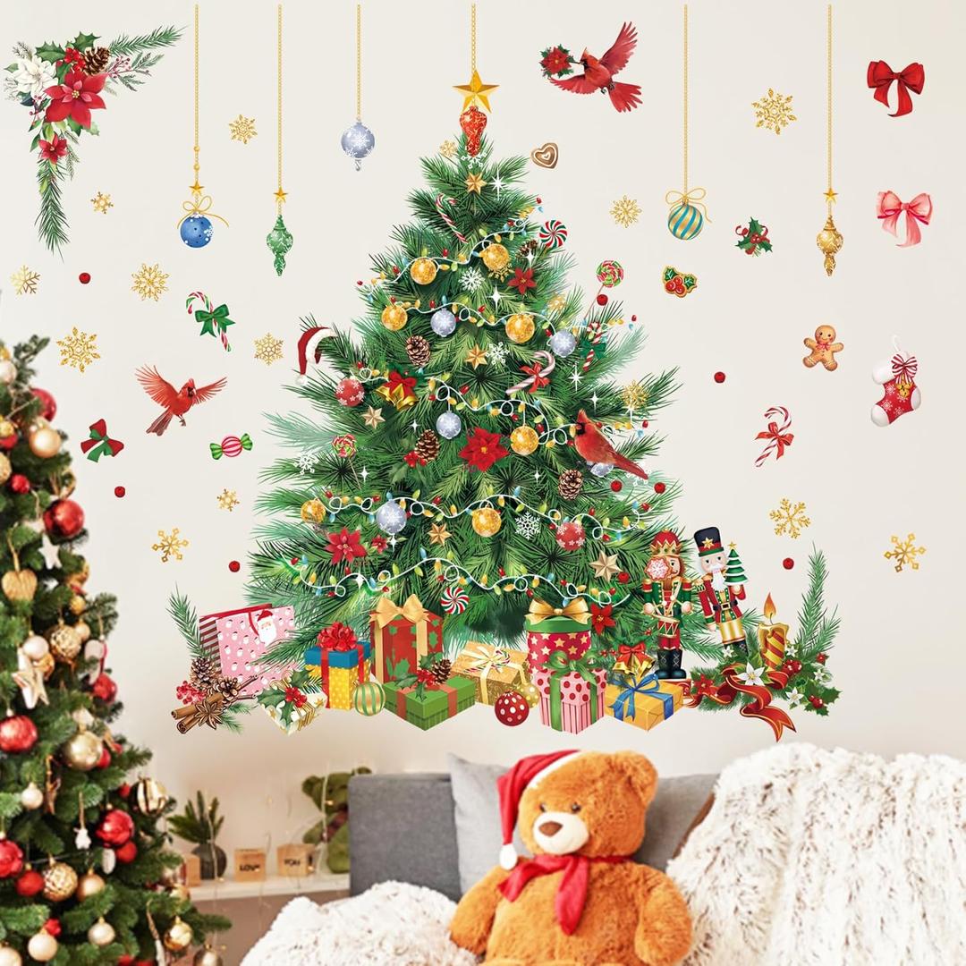 Decorated Christmas Tree Wall Decals, Cardinal Birds Gold Snowflakes Festive Elements Wall Stickers for Home Shop Holiday Party Wall Decoration