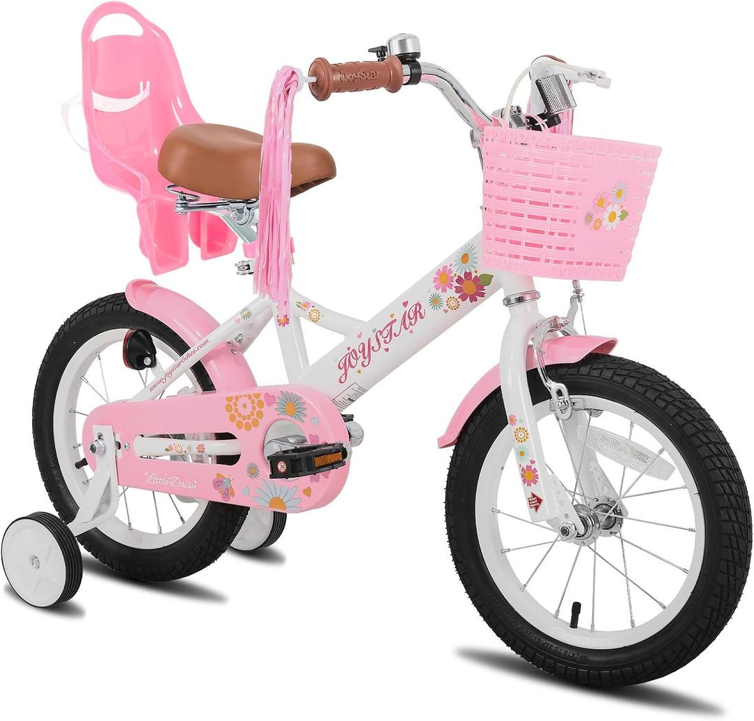 JOYSTAR 14 Inch Kids Bike Little Daisy Girls Bike with Training Wheels Doll Bike Seat Basket & Streamers Princess Kids Bicycle for Girls Toddler of 3-5 Years Toddler Girl Bikes White