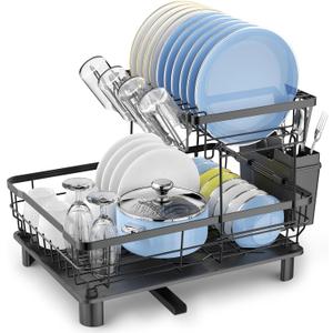 Dish Drying Rack, Space Saving & Durable, Rust-Proof Large 2 Tier Stainless Steel Dish Racks for Kitchen Counter with Cutlery & Cup Holder & Drainboard (2-black)