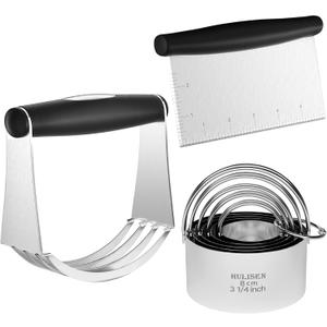 HULISEN Stainless Steel Biscuit Cutter Set, Pastry Scraper and Dough Blender, Sturdy & Long-Lasting with Ergonomic Rubber Grip, Professional Baking Dough Tools, Gift Package (3 Pcs/Set)