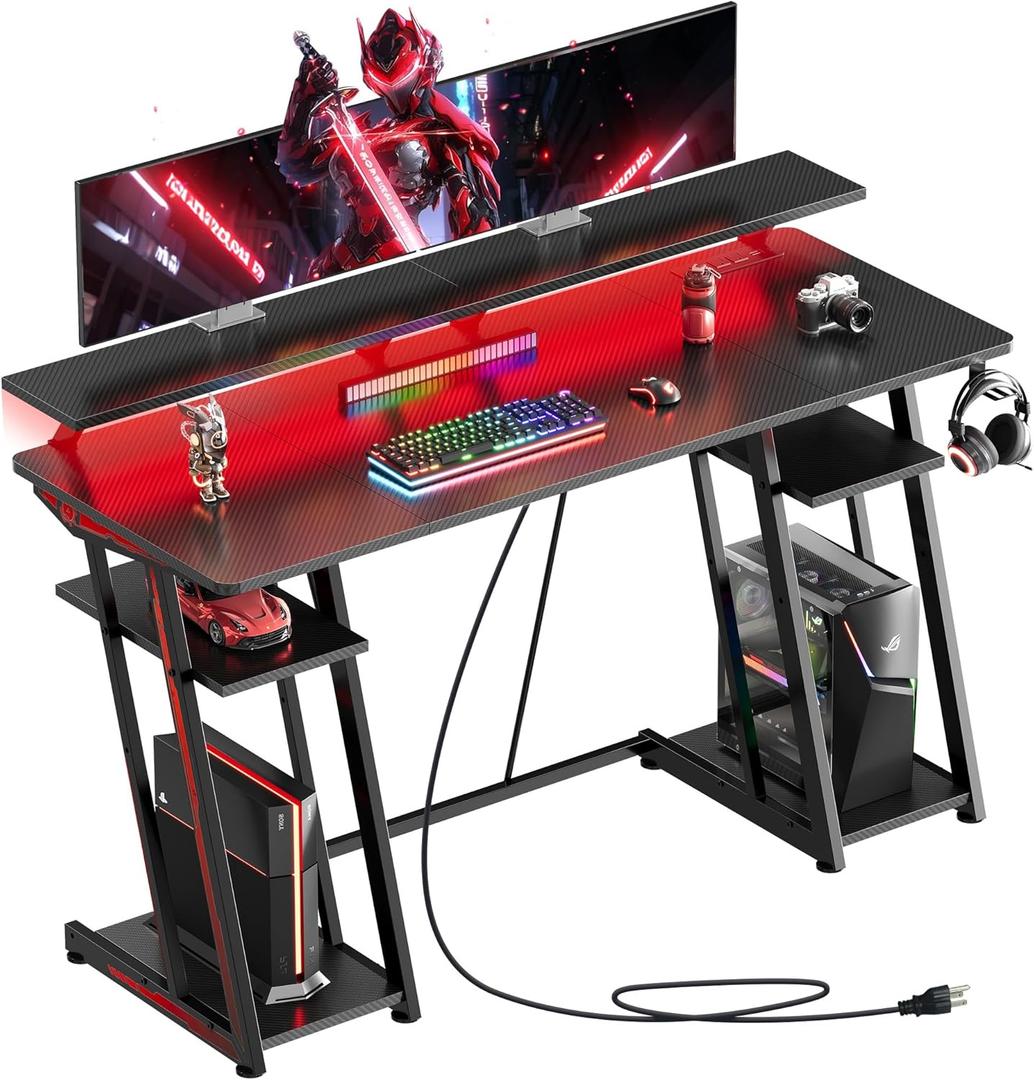 53-inch Gaming Desk with LED Lights & Power Outlets|Carbon Fiber Gaming Table with Monitor Stand & Adjustable Storage Shelves|RGB Ergonomic Gamer Desk for PC Setup, Esports & Streaming, Black