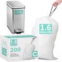 1.6 Gallon Code C 200 Count Heavy Duty Trash Bags Perfect Fit 10-12 Liter with Reinforced Drawstring Compatible with simpleman Code C White Garbage Liners Leak-Proof & Tear Resistant