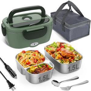 Vabaso Electric Lunch Box for Adults, 80W Heated Lunch Box with Dual 1.5L Stainless Steel Containers, Portable Food Warmer for Men Work Car Truck, 12V/ 24V/ 110V/ 220V