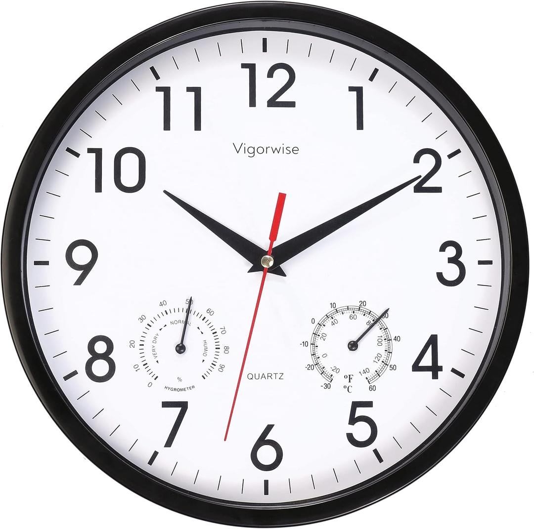 Wall Clock, Sweep Silent Movement Accurate Clocks with Temperature & Humidity, Decorative for Kitchen/Living Room/Bedroom/Office/School/Classroom (Black, 10 inch)