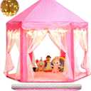 Princess Castle Tent with Rug for Girls Fairy Play Tents for Kids Hexagon Playhouse with Fairy Star Lights Toys for Children or Toddlers Indoor Games (Pink Princess Tent with Rug)