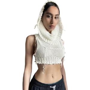 Women Knitted Hoodie Sweater Vest Sexy Sleeveless Hollow Out Hooded Crop Top Streetwear Rave Oufit (Large, White)