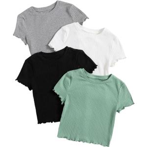 MakeMeChic Women's 4 Pack Tee Shirt Short Sleeve Crew Neck Lettuce Trim Summer Tops (Large)