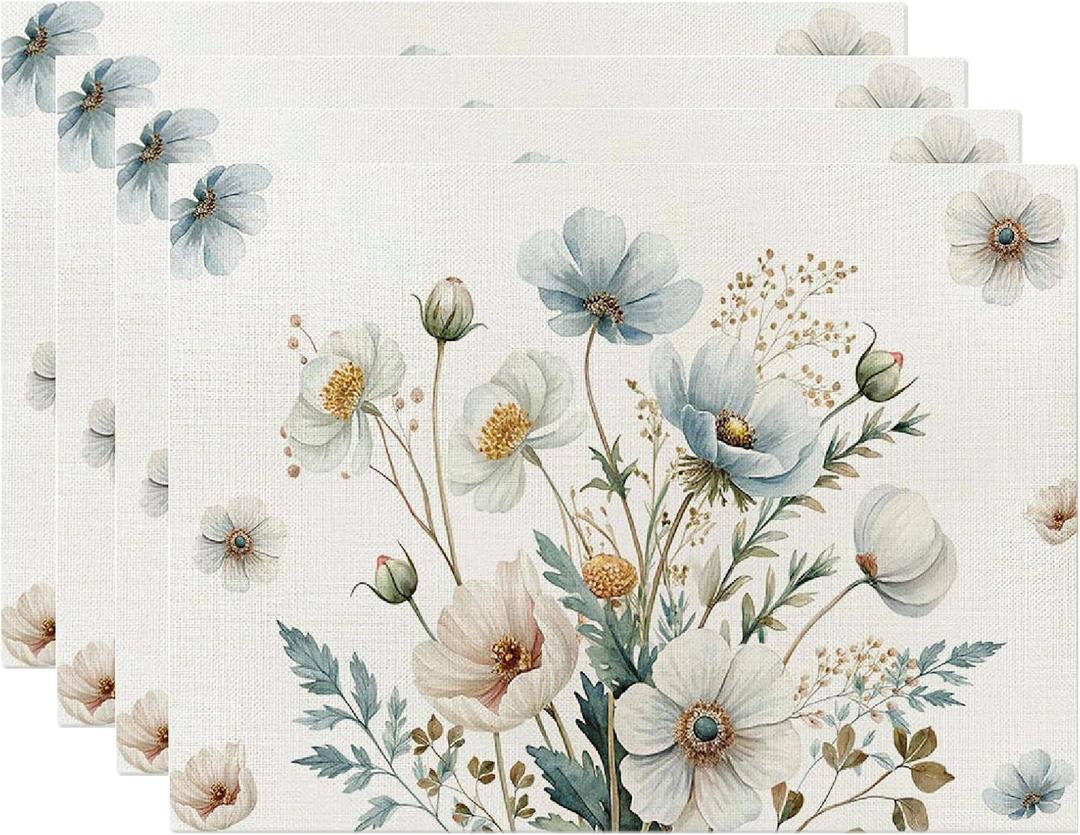 Spring Blue White Floral Placemats Set of 4, 12x18 Inch Anemone Flowers Leaves Seasonal Summer Table Place Mats for Kitchen Dining Home Party Decor