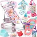 YIYBM Baby Doll Stroller Play Set with 12.5" Baby Doll, Dining Chair, 2 Sets Clothes and 20 PCS Doll Accessories. Stroller Toy for 3, 4, 5, 6 Year Old Toddler Girls for Realistic Pretend Play
