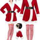 5 Pcs Mrs Claus Costume Adult Women, Santa Christmas Outfits for Women Velvet Dress with Belt High Socks Hat Gloves (Medium)