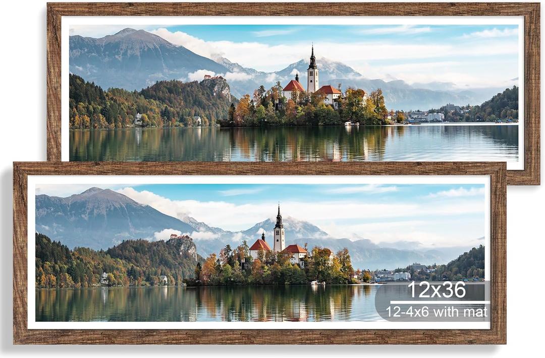 Hongkee 12x36 Picture Frame 2 Packs, Real Glass and Rustic Brown Wood Frame, Display Collage Pictures Twelve 4x6 With Mat or Pennant 12 x 36 Without Mat - Horizontal or Vertical Wall Mounting