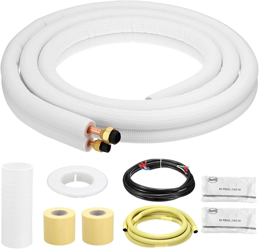 PATIKIL Mini Split Line Set, 10 Ft 1/4" 3/8" OD AC Extension Line Copper Pipe Tubing with Flared Nuts Thickened PE Insulated and Wire for Mini Split Air Conditioner HVAC Heat Pump System