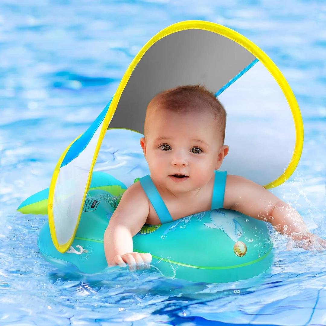 No Flip Over Baby Pool Float with Canopy UPF50+ Sun Protection, Inflatable Baby Float with Sponge Safety Support Bottom, Fun Gifts Water Toys Accessories Baby Swim Floats for Pool 3-36 Months (Small, Blue)