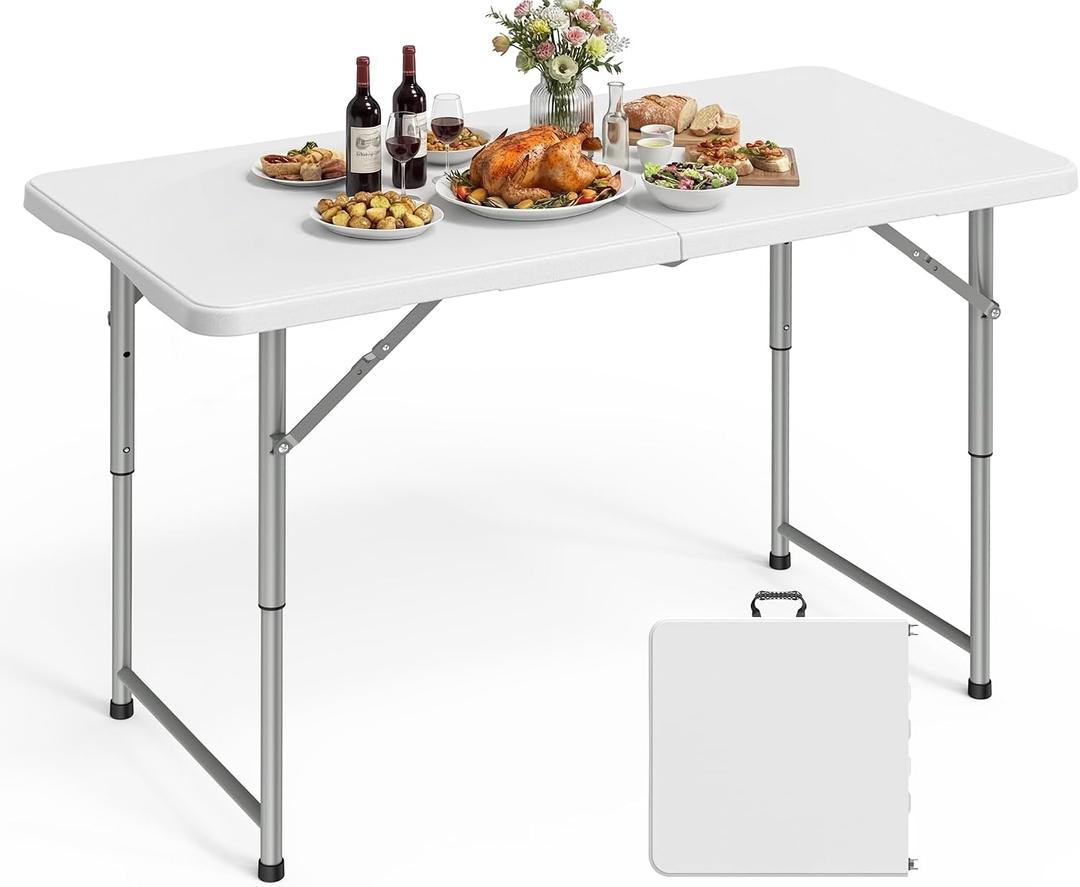 Pureegg 4FT Folding Table - No Assembly Required, Versatile Dining Table with Carrying Handle & Tabletop Safety Lock, Portable Foldable Table for Party, Craft, Camping, Picnic, White, 4TF
