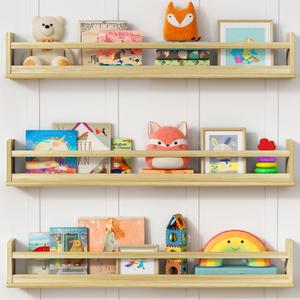 Harwaya Wooden Wall Bookshelf for Kids Room, Large Nursery Floating Shelves for Kids Bedroom, Natural Wood Wall Mounted Bookshelves for Baby Toddler Classroom Library Books (36 Inch Long, 3-Pack)