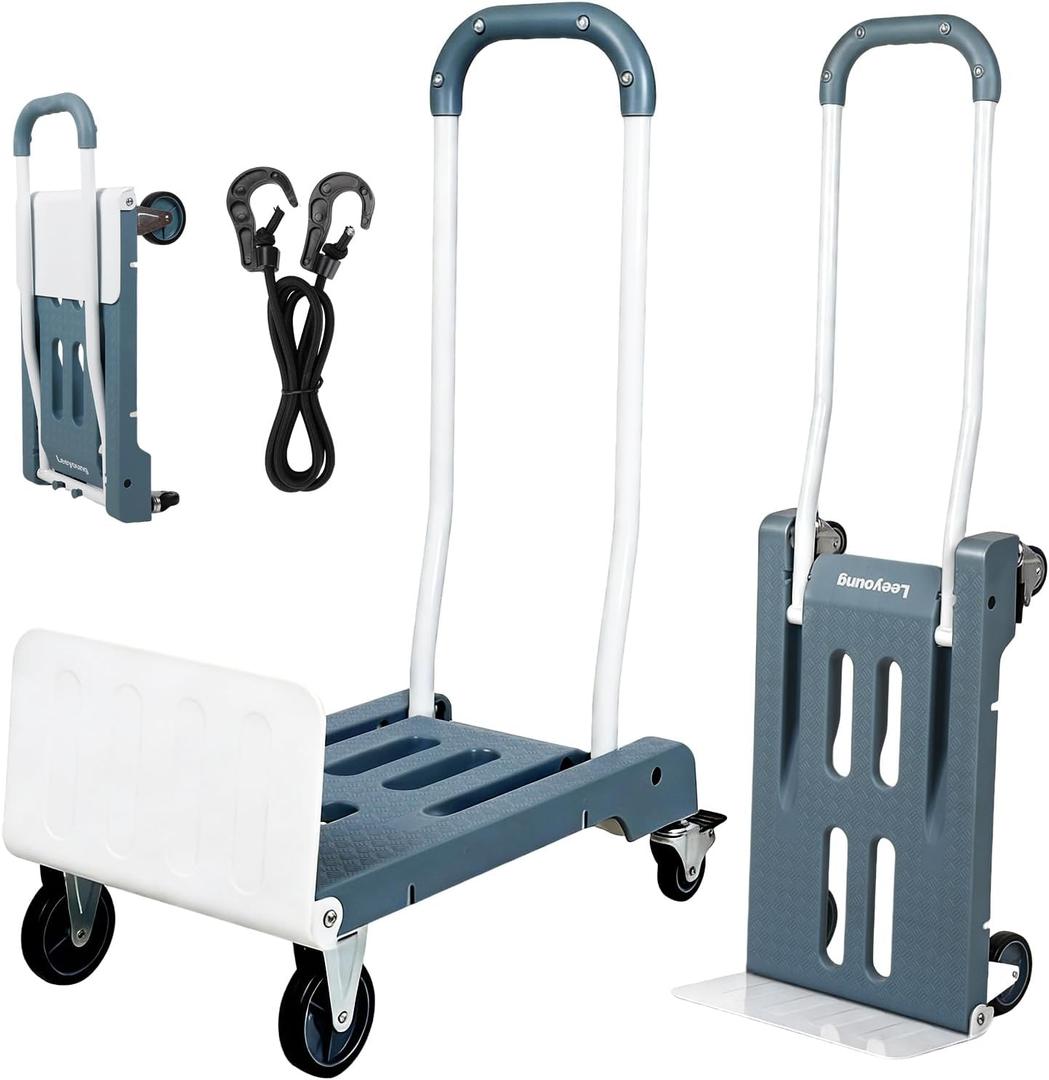 2-in-1 Folding Hand Truck Dolly Cart,Convertible Hand Truck with Flat Platform,Quiet TPR Wheels,Lightweight 12.5 lb,264 lb Flat/176 lb Upright Capacity,Compact Cart for Moving,Boxes & Luggage (Blue)