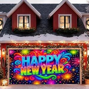 HOMETITUTE 13x6ft Happy New Year Garage Door Banner Neon Colors Party Backdrop New Year's Eve Garage Door Cover Decoration for Celebration Party Indoor Outdoor House Wall Background Decor