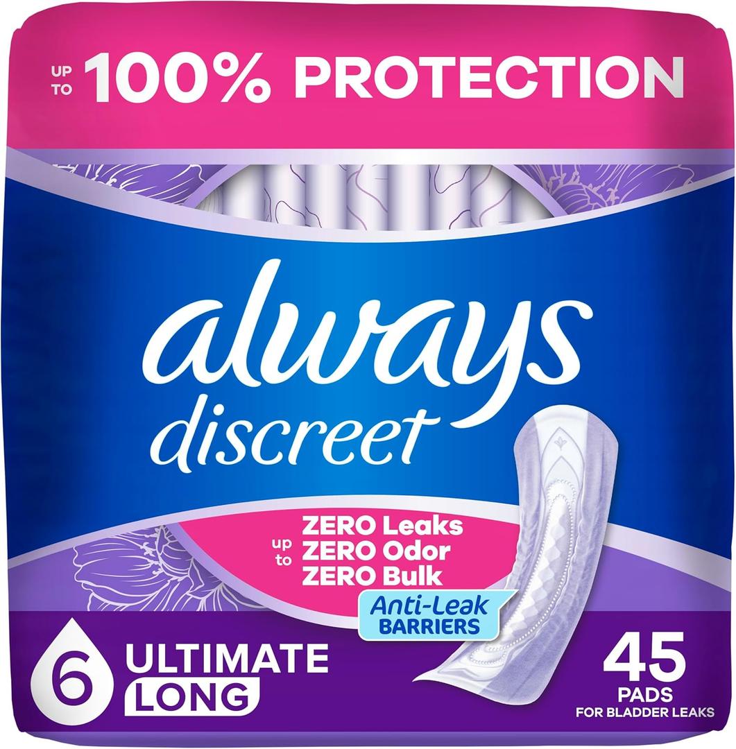 Always Discreet Adult Incontinence Pads for Women, Drier, 6 Drop Long Length, Extra Heavy Absorbency, Pads for Bladder Control Management, Bladder Leaks, & Postpartum Pads, 45ct