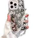 for iPhone 12 Pro Case, [White Bow Pattern][Shiny Mirror Case][2-in-1 with Beaded Wrist Strap] Soft TPU Frame, Shockproof and Anti-Shock, Suitable for Women & Girls