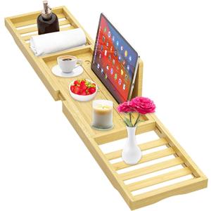 Bathtub Tray - Bath Tray Expandable - Bath Table Trays for Bathtub/Tub,Premium Bamboo Wooden, Fits Most Bath Tubs (Bright Yellow)